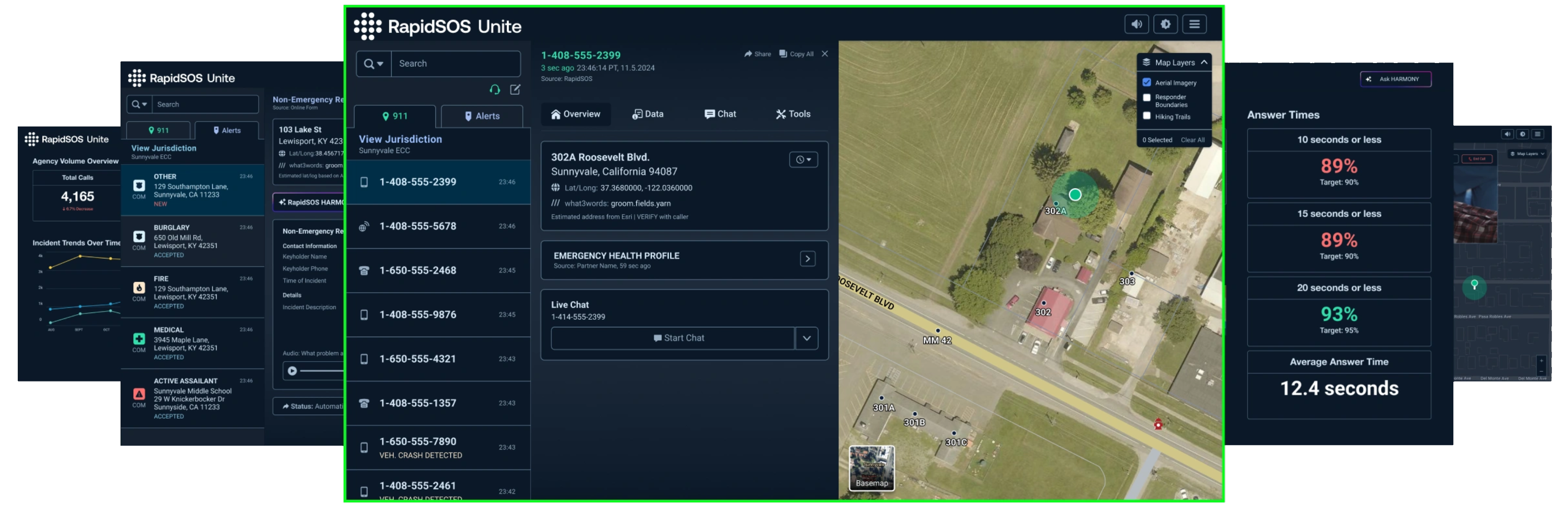 RapidSOS Unite interface showing the 911 call queue, an emergency health profile, and a live aerial map with responder location.